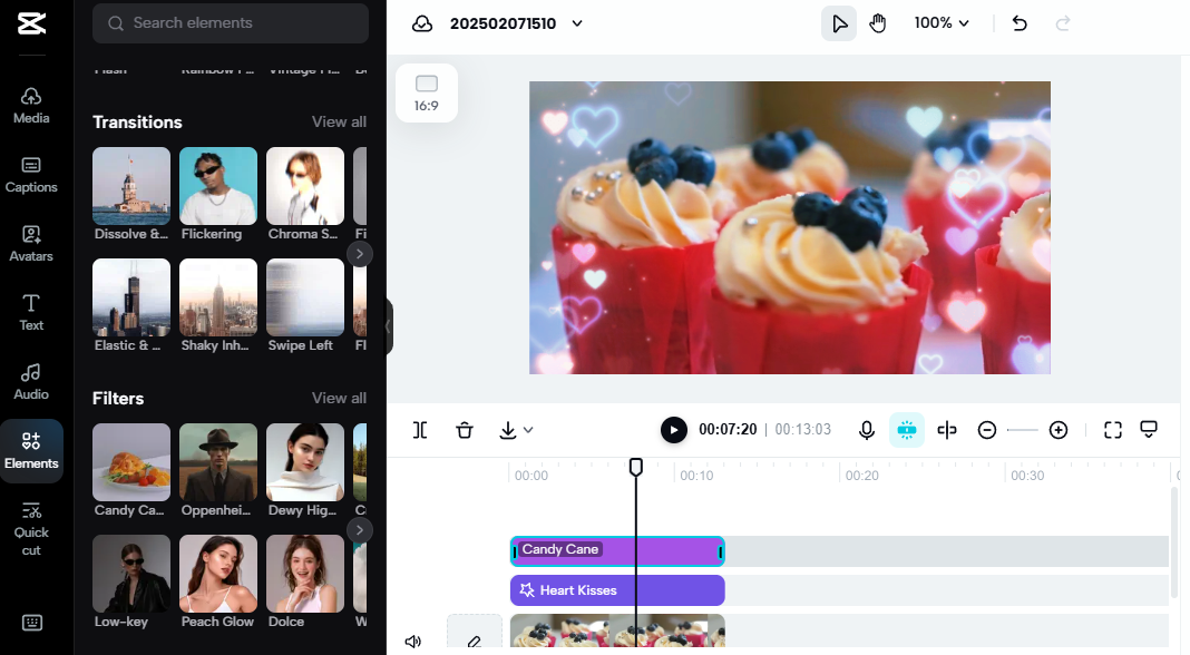 Video editing interface showing faceless YouTube channel ideas with cupcake footage, heart effects, and filters applied.